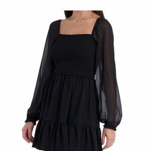 American Eagle Black Smocked Square-Neck Mini Dress with Sheer Long Sleeves